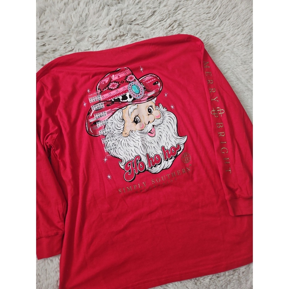 Simply Southern Youth Large Red Long Sleeve Christmas Tree Cowboy Santa